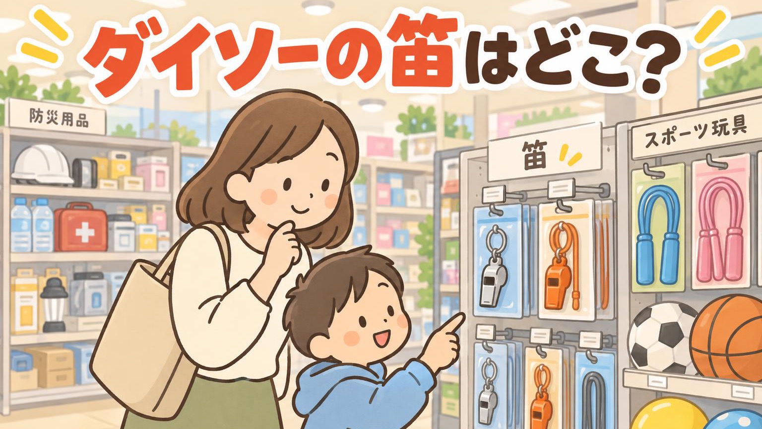 ダイソーのスポーツ玩具売り場で笛を見る親子のイラスト