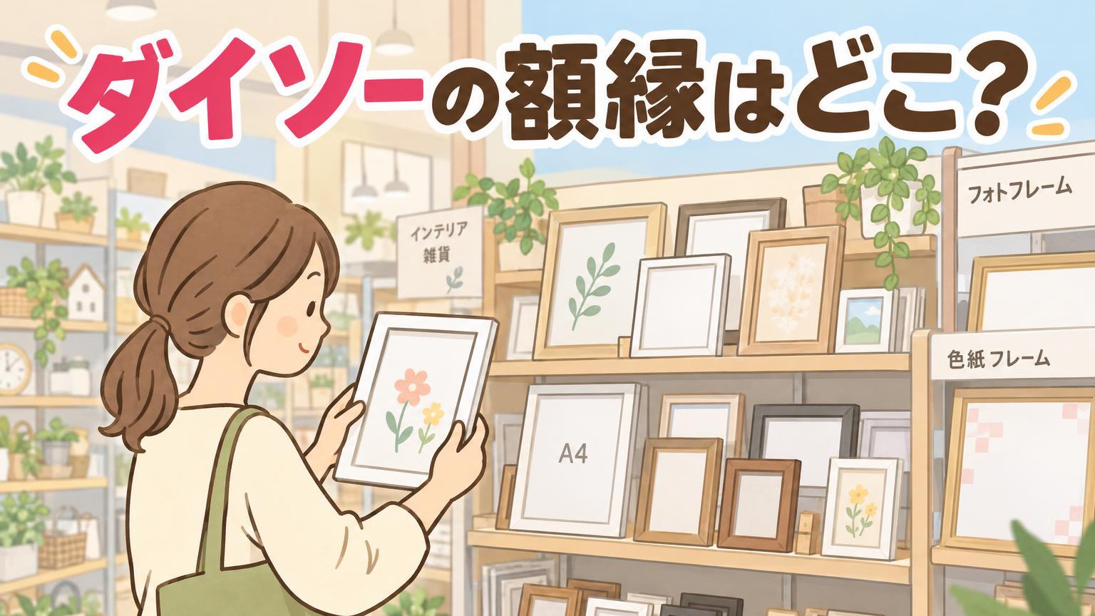 ダイソーのフォトフレーム売り場で額縁を見る人のイラスト