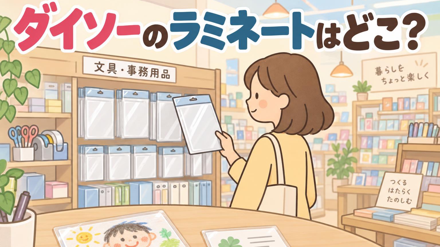 ダイソーの文具売り場でラミネートフィルムを手に取る人のイラスト